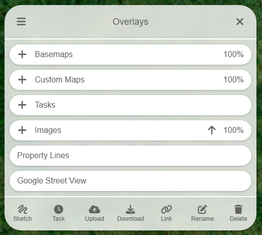 Overlay menu displaying options: Basemaps, Custom Maps, Tasks, Images, Property Lines, and Google Street View, each with a plus icon and a percentage indicator. Control icons at the bottom.