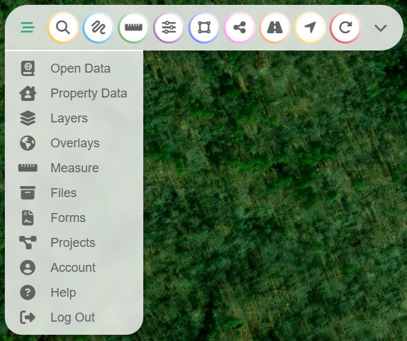 Interface with icons and a dropdown menu listing options such as Open Data, Layers, Overlays, and Account against a blurred green background.