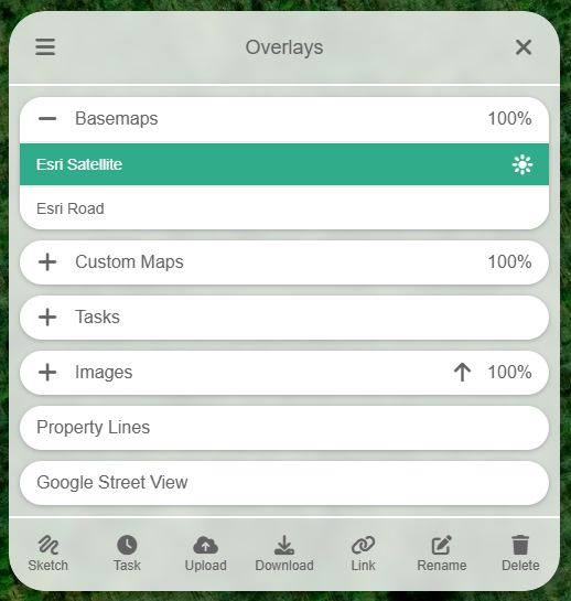 Overlay settings panel displaying options for Basemaps, Custom Maps, Tasks, Images, Property Lines, and Google Street View with selected Esri Satellite option. Icons at the bottom for sketch, tasks, etc.