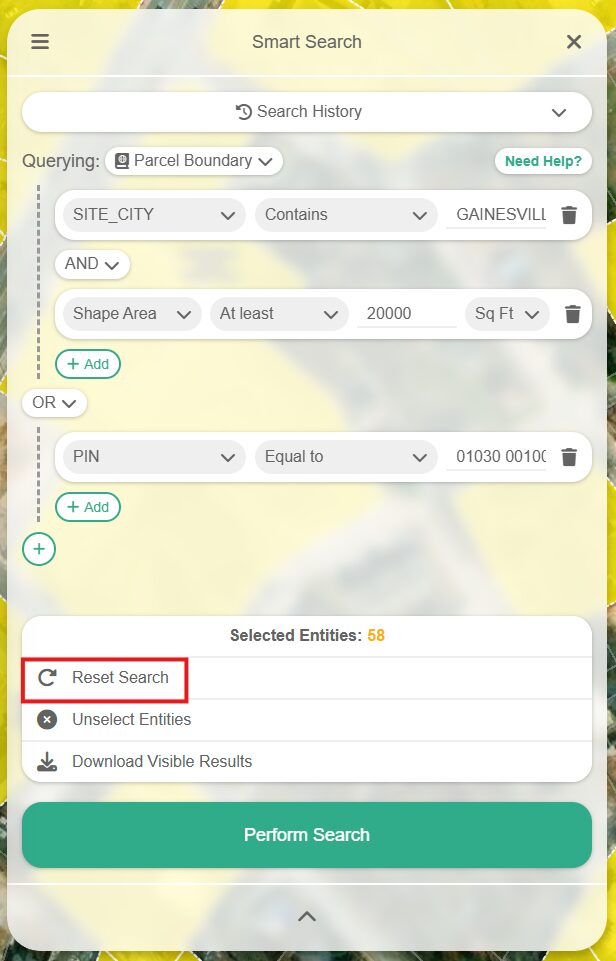 Smart Search interface displaying filters for parcel boundary, site city as Gainesville, shape area minimum, and PIN. Buttons for resetting, unselecting entities, and downloading results are visible.