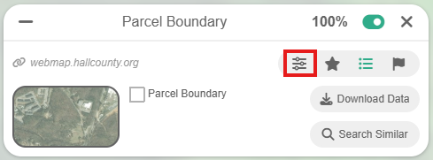 A pop-up window showing parcel boundary options with a small satellite image, download and search buttons, and adjustable settings icon.