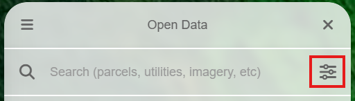 Search bar interface labeled "Open Data" with a placeholder for searching parcels, utilities, imagery, etc. A filter icon is highlighted in red on the right.