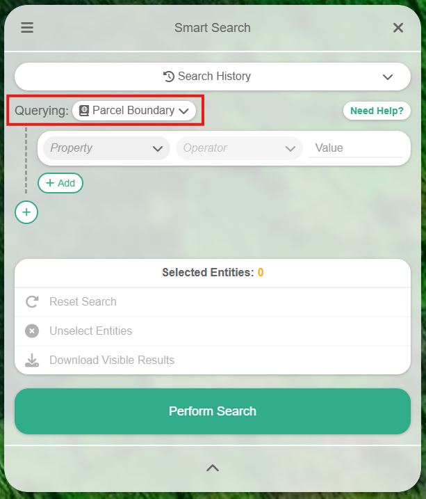 A search interface with options for property, operator, and value inputs. "Parcel Boundary" is selected in the query dropdown. Buttons for adding, resetting, unselecting, and performing a search are visible.