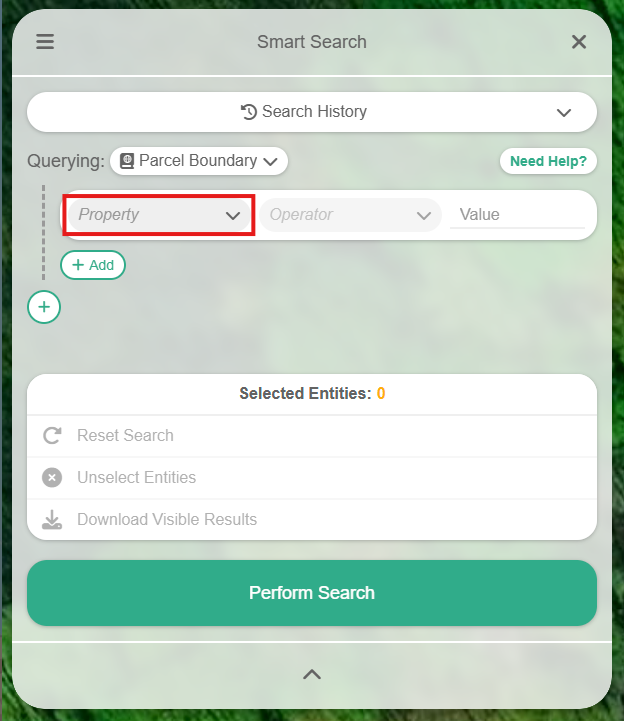 Search interface with options for querying by parcel boundary. Dropdown for property, operator, and value. Buttons for adding criteria, resetting, unselecting, and downloading results.