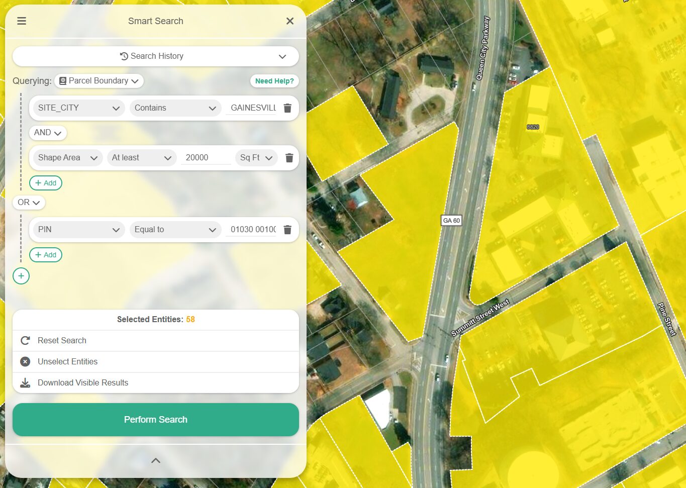 Aerial map overlay with highlighted parcels on a street intersection. A search results panel on the left shows filtered queries and the button for performing a search.