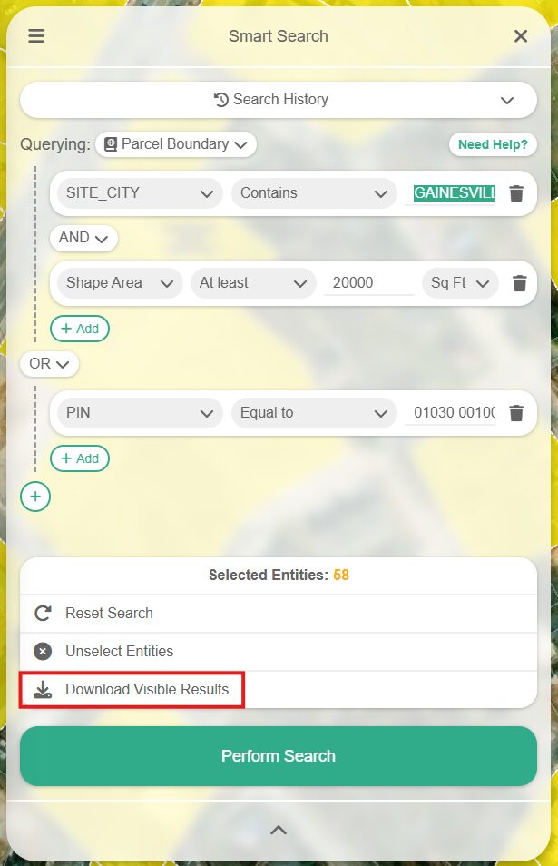 Smart Search interface displaying options for filtering by city, shape area, and PIN, with buttons to reset, unselect, download results, and perform the search.