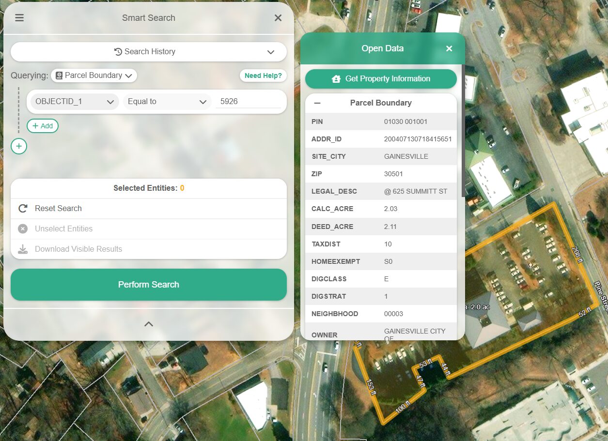 Aerial map view showing parcel boundary with a highlighted lot. Overlay panels display details like parcel ID, owner, and legal description.