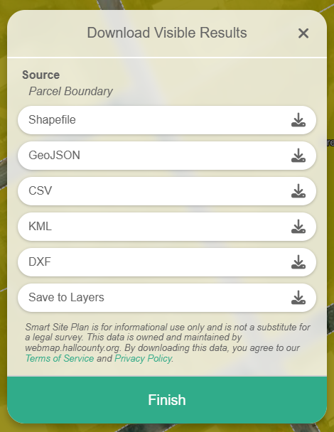 Menu for downloading visible results, showing options: Shapefile, GeoJSON, CSV, KML, DXF, and Save to Layers. A note at the bottom specifies data is for informational use only.