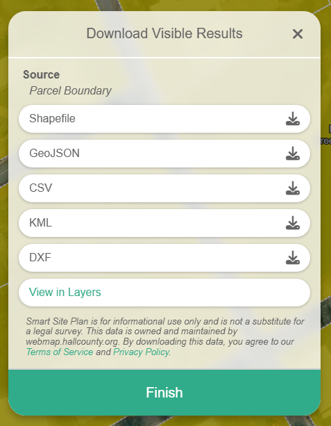 Screenshot of a download options menu showing file formats including Shapefile, GeoJSON, CSV, KML, and DXF. Links for terms of service and privacy policy are at the bottom.